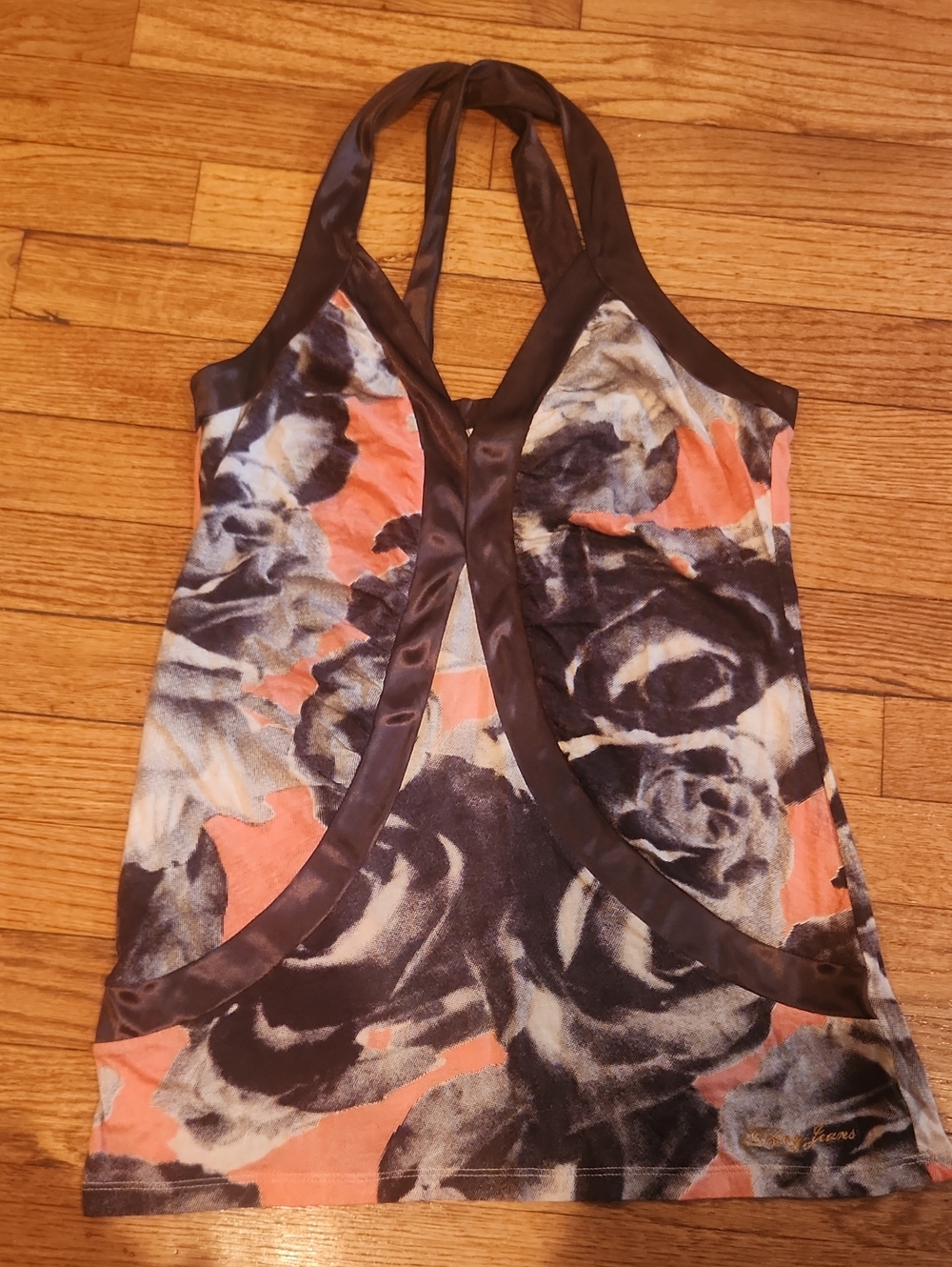 DKNY Floral Halter Tank Top in Coral, Gray & Black